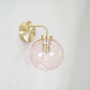 ValueLights Frenchie Pair of - Brushed Gold Metal Wall Light with Pink Tinted Glass Globe Shade - LED Bulbs Included