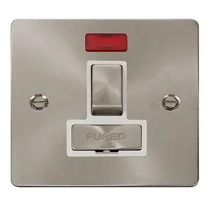 Flat Plate Satin / Brushed Chrome 13A Fused Ingot Connection Unit Switched With Neon - White Trim - SE Home