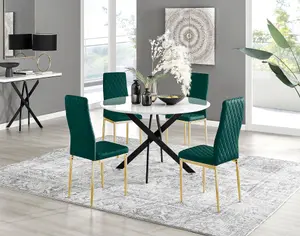 Furniturebox UK Novara White Gloss Black Leg 120cm Round Dining Table & 4 Green Velvet Milan Gold Leg Chairs