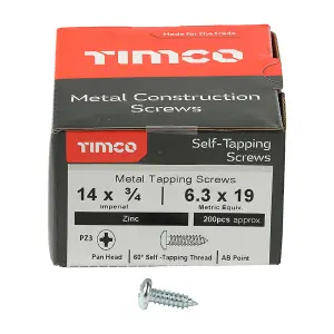 Timco - Metal Tapping Screws - PZ - Pan - Self-Tapping - Zinc (Size 14 x 3/4 - 200 Pieces)