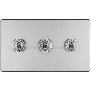 3 Gang Triple Retro Toggle Light Switch SCREWLESS SATIN STEEL 10A 2 Way Lever