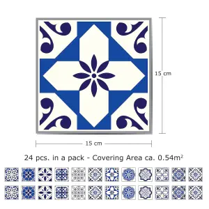 24 Pieces 15x15cm Spanish & Moroccan Blue Tile Stickers