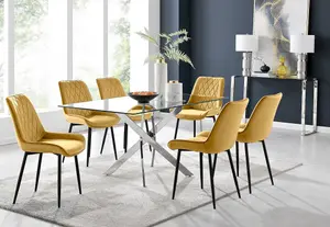 Furniturebox UK Leonardo 6 Dining Table and 6 Mustard Pesaro Black Leg Chairs