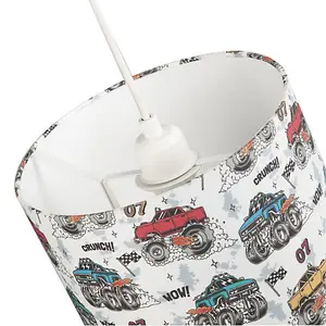 Modern and Colourful Monster Trucks Kids Cotton Fabric Drum Lamp Shade - 25cm