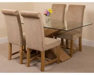 Valencia 160 cm x 90 cm Glass Dining Table and 4 Chairs Dining Set with Washington Beige Fabric Chairs