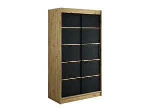 Leto T Contemporary 2 Sliding Door Wardrobe 5 Shelves 2 Rails Black Matt and Oak Effect (H)2000mm (W)1200mm (D)620mm