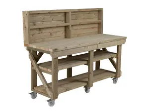 Indoor/outdoor workbench pressure treated station (H-90cm, D-64cm, L-240cm) with back panel, double shelf and wheels