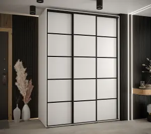 Cannes IV Modern White Sliding Door Wardrobe 1700mm H2050mm D600mm with Black Steel Handles and Decorative Strips