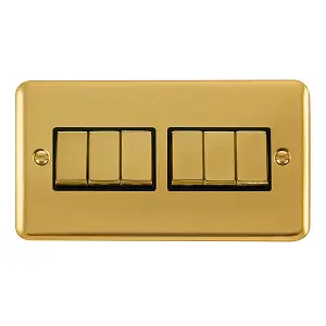 Curved Polished Brass 10A 6 Gang 2 Way Ingot Light Switch - Black Trim - SE Home