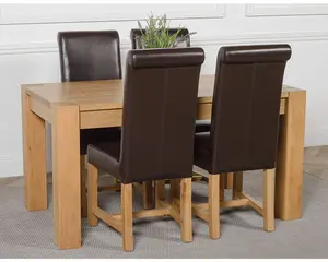 Kuba 150 x 85 cm Chunky Medium Oak Dining Table and 4 Chairs Dining Set with Washington Brown Leather Chairs