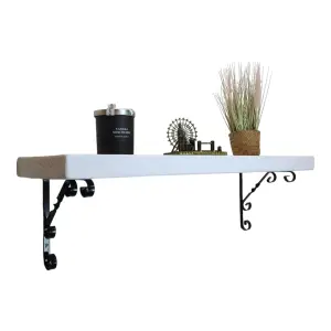 Solid Wood Handmade Rustical Shelf White 225mm 9 inch with Black Metal Bracket WO Length of 30cm