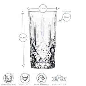 RCR Crystal - Orchestra Cut Glass Highball Cocktail Glasses Tumblers Set - 396ml - Pack of 6