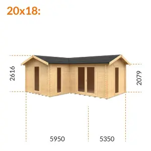 20ft x 18ft (5950mm x 5350mm) Horsforth "The Chester" 44mm L-Shaped Log Cabin With 3 Windows