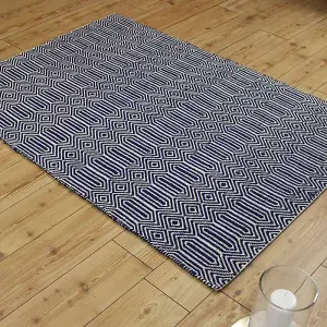 Blue Geometric Handmade Modern Wool Easy To Clean Rug Dining Room Bedroom And Living Room-100cm X 150cm