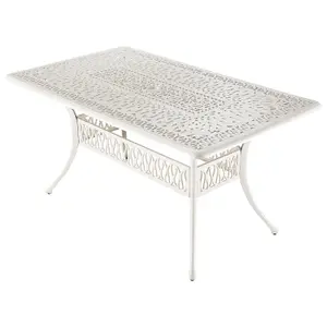 150 x 90cm Cast Aluminum Outdoor Patio Garden Table with Unique Hollow Design and Umbrella Hole, White