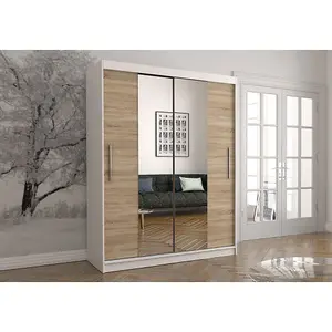 Charming Oak Sonoma and White Mirrored Sliding Door Wardrobe - Bedroom Furniture (H)2000mm x (W)1500mm x (D)610mm