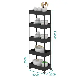 5 Tiers Black Plastic Slim Kitchen Shelf Bathroom Storage Rack Trolley Cart