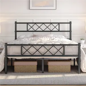 Yaheetech Black 4ft6 Double Simple Metal Bed Frame with Cross-design Headboard & Footboard