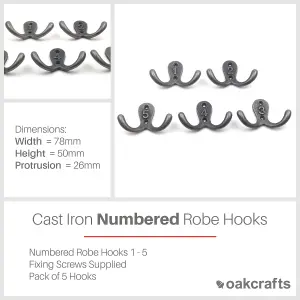 Oakcrafts - Antique Cast Iron Twin Robe Hooks Numbered 1 to 5 - Pack of 5 Hooks