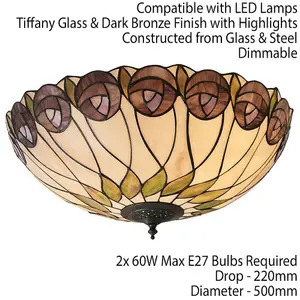 Tiffany Glass Semi Flush Ceiling Light Rose & Cream Inverted Round Shade i00048