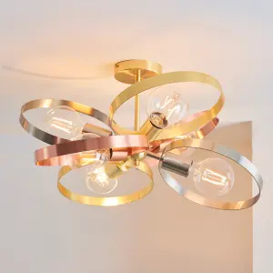 Loopa Satin Brushed Gold and Brushed Copper Contemporary Style 6 Light Semi Flush Ceiling Fitting