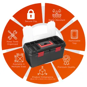 Hardys 19" Large Plastic Tool Box Organiser - 12 Compartment Tool Chest, Removable Tote Tray, Fixing & Fastenings Storage Case