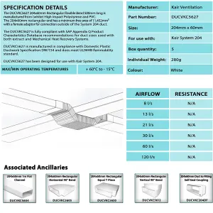 Kair Rectangular Flexible Bend 204mm x 60mm - 500mm Length PVC Hose