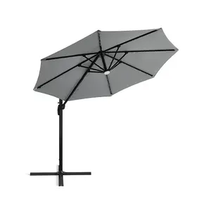 3M Grey Round Cantilever Parasol with Solar Light and Parasol Base