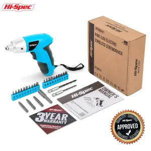 Hi-Spec 27pc 3.6V Blue Compact Electric Power Screwdriver & Driver Bit Set. USB Rechargeable for Cordless Screwdriving