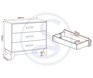 Cleveland 3 Drawer Chest in White and Pine with Grey Metal Effect