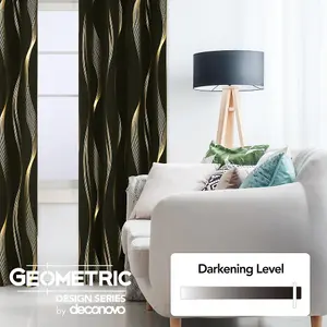 Deconovo Blackout Eyelet Curtains Thermal Insulated Gold Wave Line Foil Printed Curtains for Bedroom 52x90 Inch Black 2 Panels