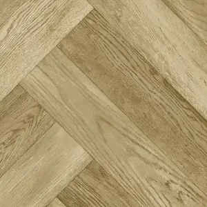 Brown Wood Effect Herringbone Vinyl Flooring For LivingRoom, Kitchen, 2.7mm Cushion Backed Vinyl Sheet-2m(6'6") X 4m(13'1")-8m²