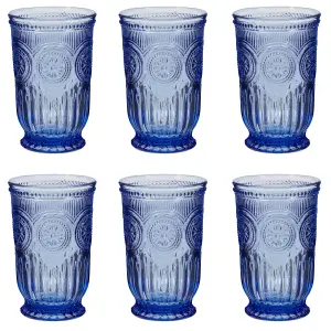 Set of 6 Luxury Embossed Blue Tall Drinking Glass Tumblers 330ml