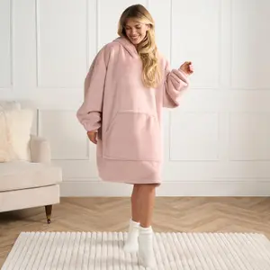 Faux Fur Hoodie Blanket Supersoft Oversized Fleece Wearable Throw, Blush