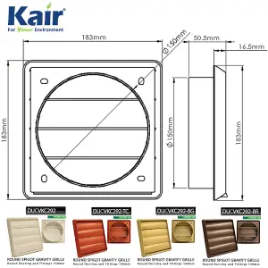 Kair Beige Gravity Grille 183mm External Dimension Ducting Air Vent with 150mm - 6 inch Round Rear Spigot and Not-Return Shutters