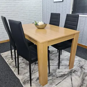 Dining Table and 4 Chairs Oak Effect Wood 4 Black Leather Chairs Dining Room