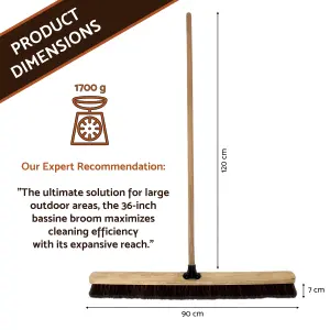 36-Inch Bassine Broom - Extra-Wide Head Heavy-Duty Broom with Wooden Handle - Ultimate Solution for Large Outdoor Areas, Patios