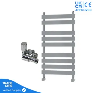 Designer Marvella Chrome Flat Panel Towel Radiator Heated Ladder Rail - 950 x 500mm - Angled Manual Round Valve Pair