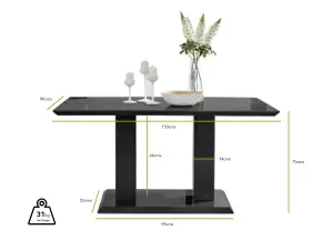 Imperia Black High Gloss 6 Seater Dining Table with Structural 2 Plinth Column Legs 6 Black Velvet Black Leg Calla Art Deco Chairs