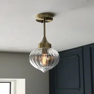 Semi Flush Ceiling Light Fitting - Antique Brass Plate & Ribbed Glass Shade