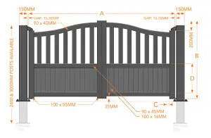 Double Swing Gate 3750x2000mm Black - Partial Privacy Driveway Gate with Vertical Solid Infill and Bell-Curved Top