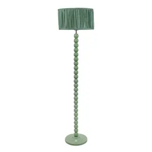 ValueLights Bobbins Sage Green Floor Lamp with Ruched Pleated Green Drum Shade and LED Bulb