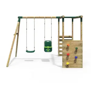 Rebo Wooden Children's Garden Swing Set with Monkey Bars - Double Swing - Luna Green