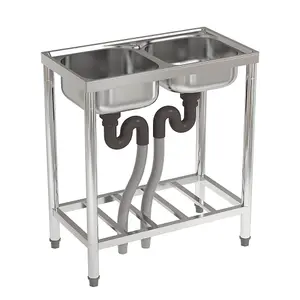 2 Compartment Commercial Floorstanding Stainless Steel Kitchen Sink with Storage Shelf