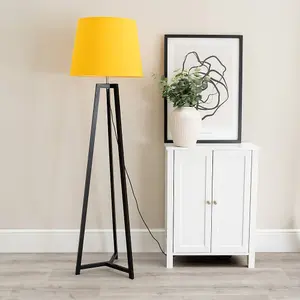 ValueLights Lottie Black Wood Tripod Floor Lamp with Mustard Tapered Shade - LED Bulb Included