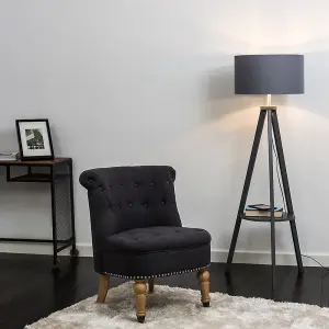 ValueLights Morrigan Grey Wood Tripod Design Floor Lamp with Storage Shelf & Grey/Chrome Drum Shade with LED Bulb