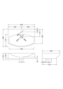 Rectangular Wall Hung Ceramic 1 Tap Hole Basin - 600mm