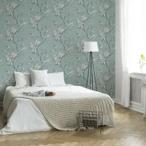 Superfresco Easy Duck egg Oriental blossom Embossed Wallpaper