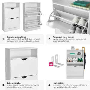 Shoe Cabinet Calea - 2 tilt compartments for 12 pairs of shoes, open shelf space - white