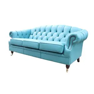 Chesterfield Handmade 3 Seater Sofa Settee Shelly Dark Teal Blue Leather In Victoria Style